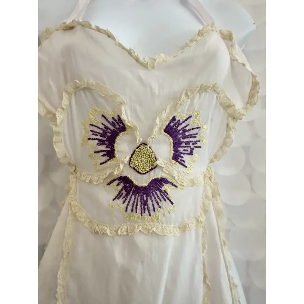 VTG 40’s Apron HALTER EMBROIDERED SHEER Hostess SEXY Floral PANSY Lace Ribbons